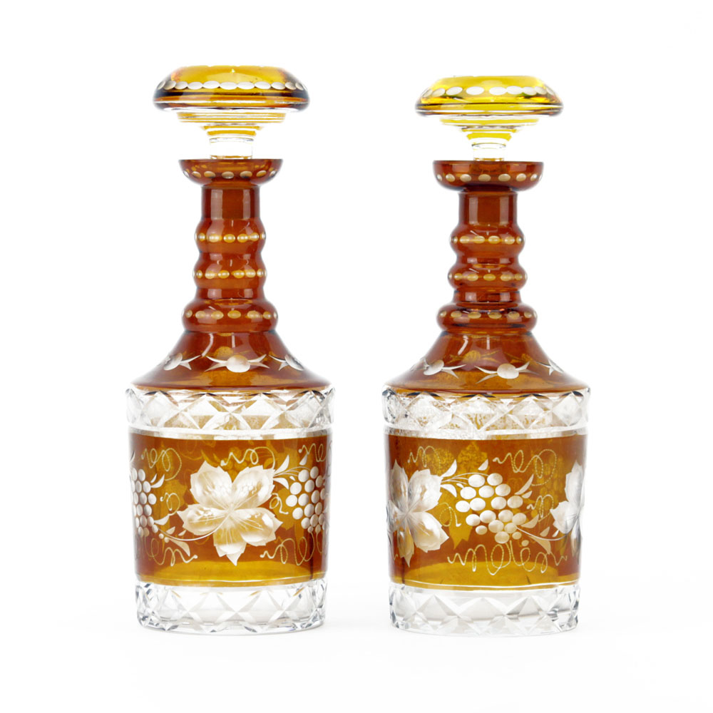 Pair of Vintage Bohemian Amber to Clear Decanters | Kodner Auctions