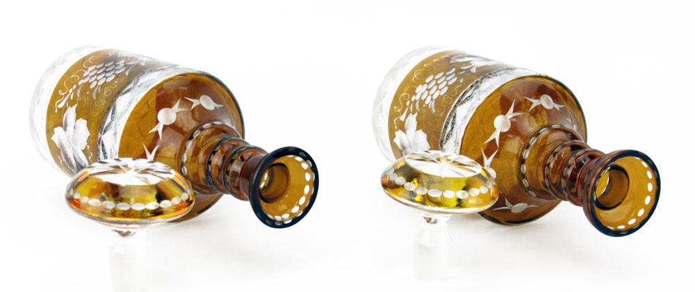 Pair of Vintage Bohemian Amber to Clear Decanters