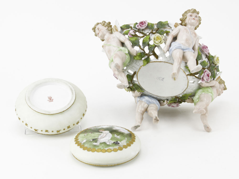 Vintage Porcelain Reticulated Cherub Basket together with Limoges France Powder Box