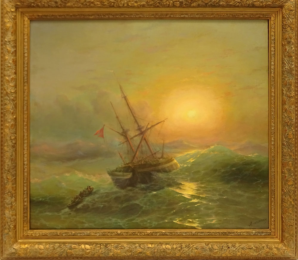 Attributed to: Ivan Konstantinovich Aivazovsky, Russian (1817-1900) Oil on Canvas, Sunset on the Seas. 