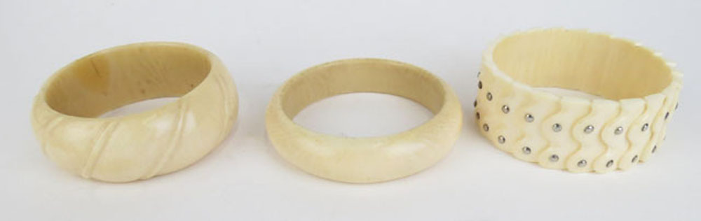 Three (3) Vintage Ivory Bangles, Two (2) Carved and One (1) with Inset with Silver Dots