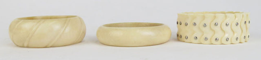 Three (3) Vintage Ivory Bangles, Two (2) Carved and One (1) with Inset with Silver Dots