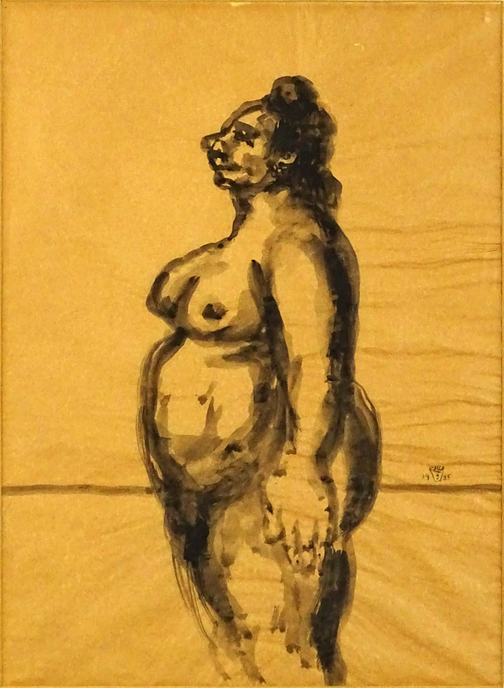 Benjamin D. Kopman (Russian American 1887-1965) Nude figure, Ink Wash Drawing on tan Onion Paper