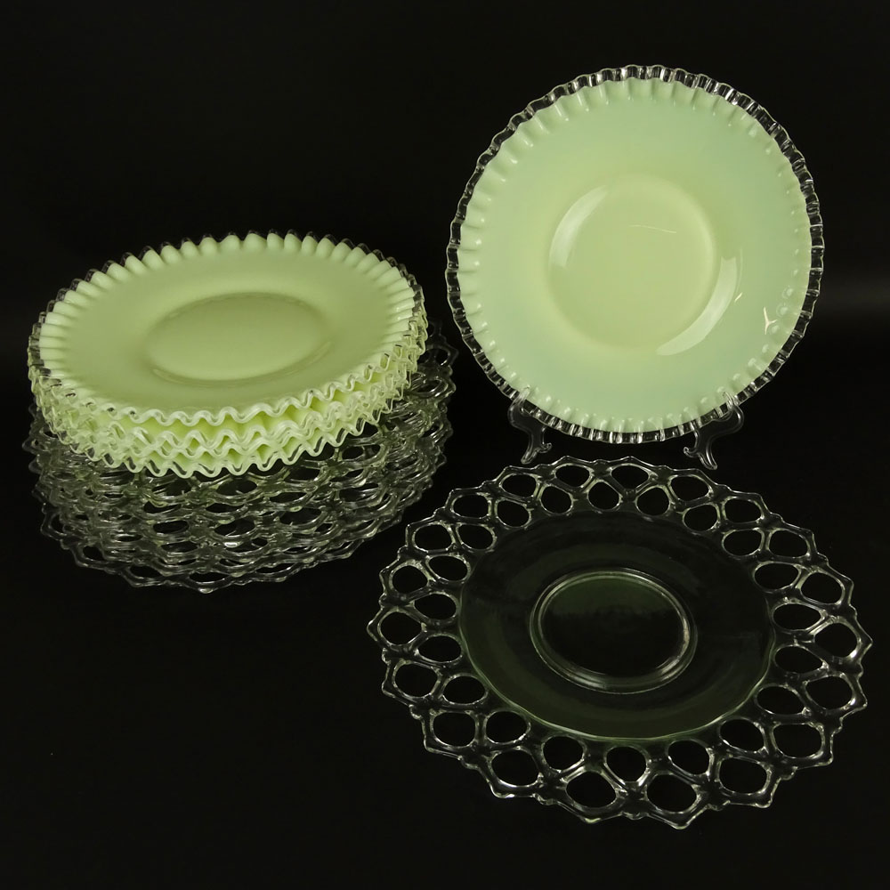 Twelve Piece Lot of Vintage American Glass. Includes 5 Fenton custard glass ruffled edge plates