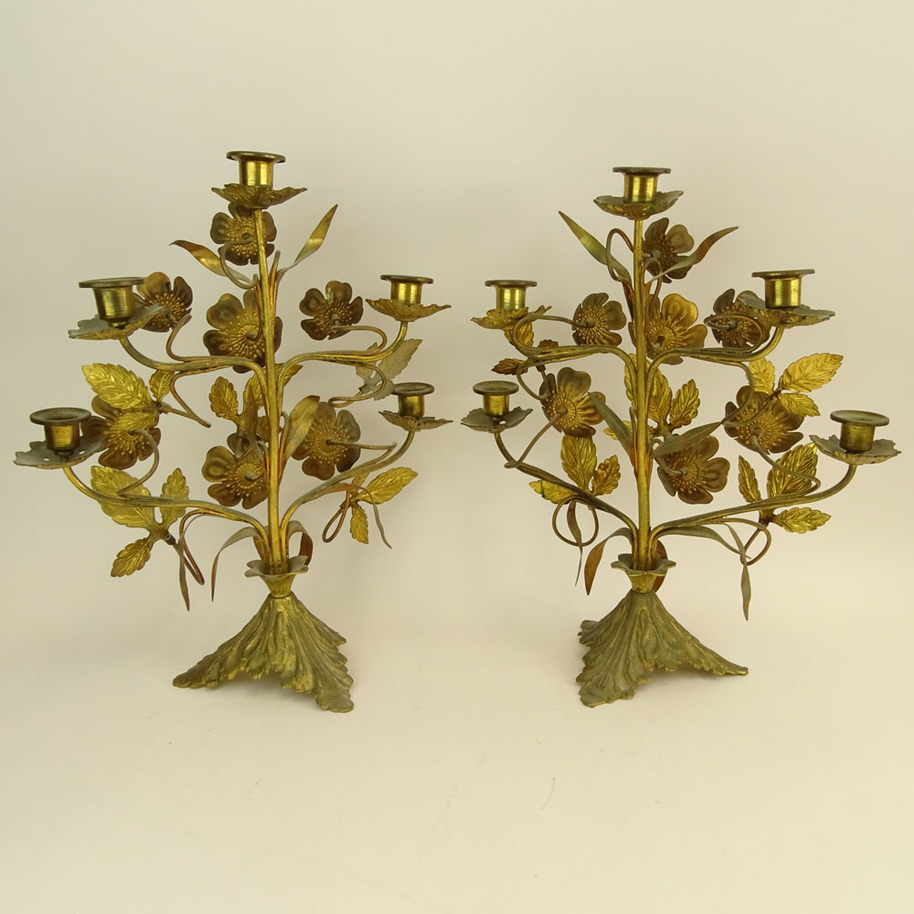 Pair of Antique French Jeweled Bronze/Brass Candelabra.