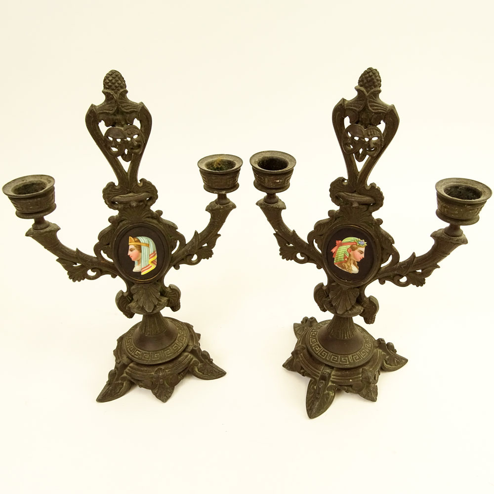 Pair of Old Paris French Metal Candlesticks. Each with 2 lights and inset hand painted plaques.