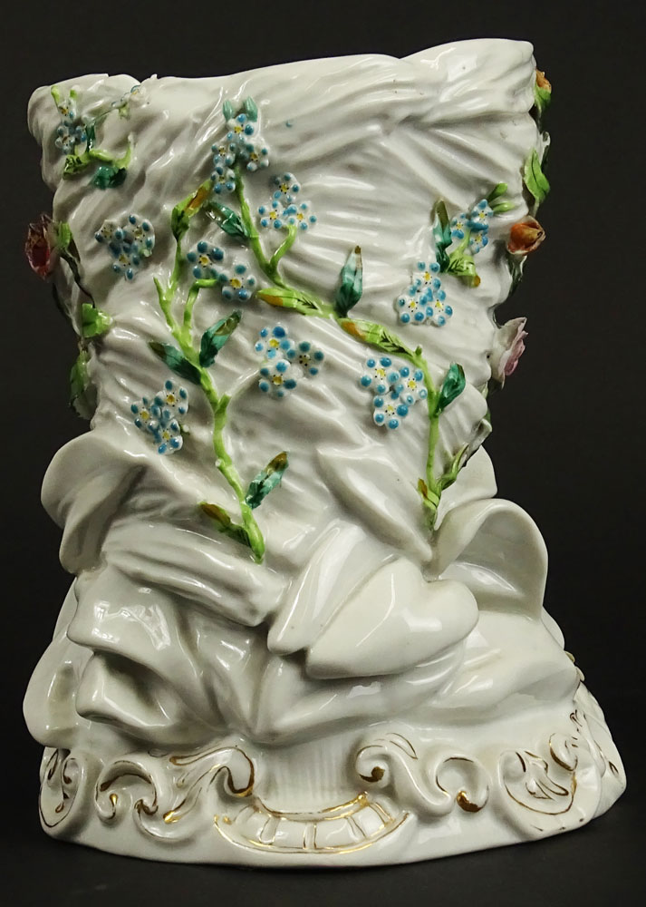 Antique Continental Meissen Style Porcelain Figural Vase. Decorated with Cherub and Flowers