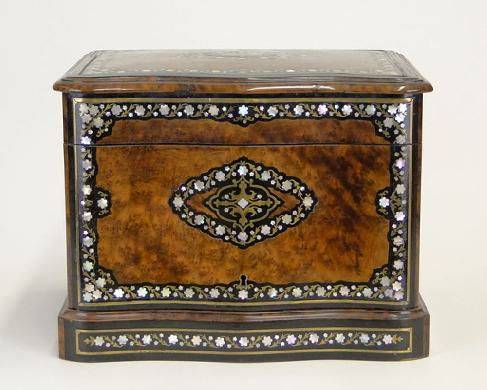 19th Century Burlwood Tantalus Box with Mother of Pearl and Brass Inlay.