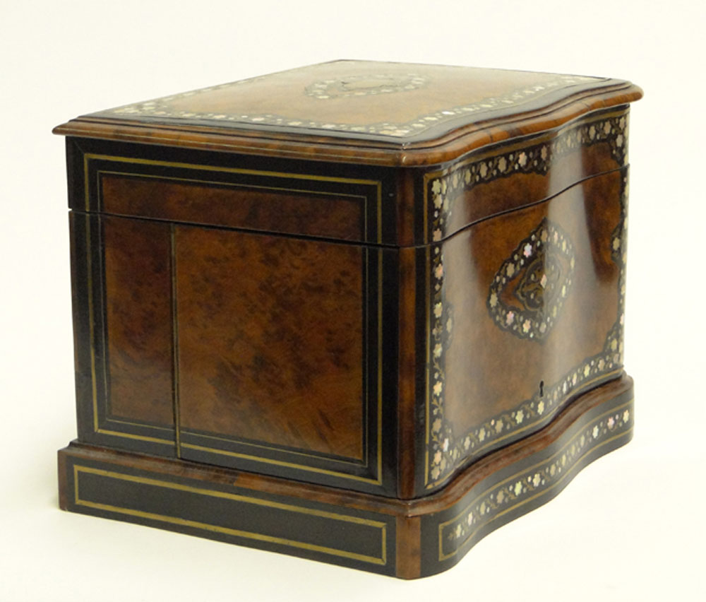 19th Century Burlwood Tantalus Box with Mother of Pearl and Brass Inlay.