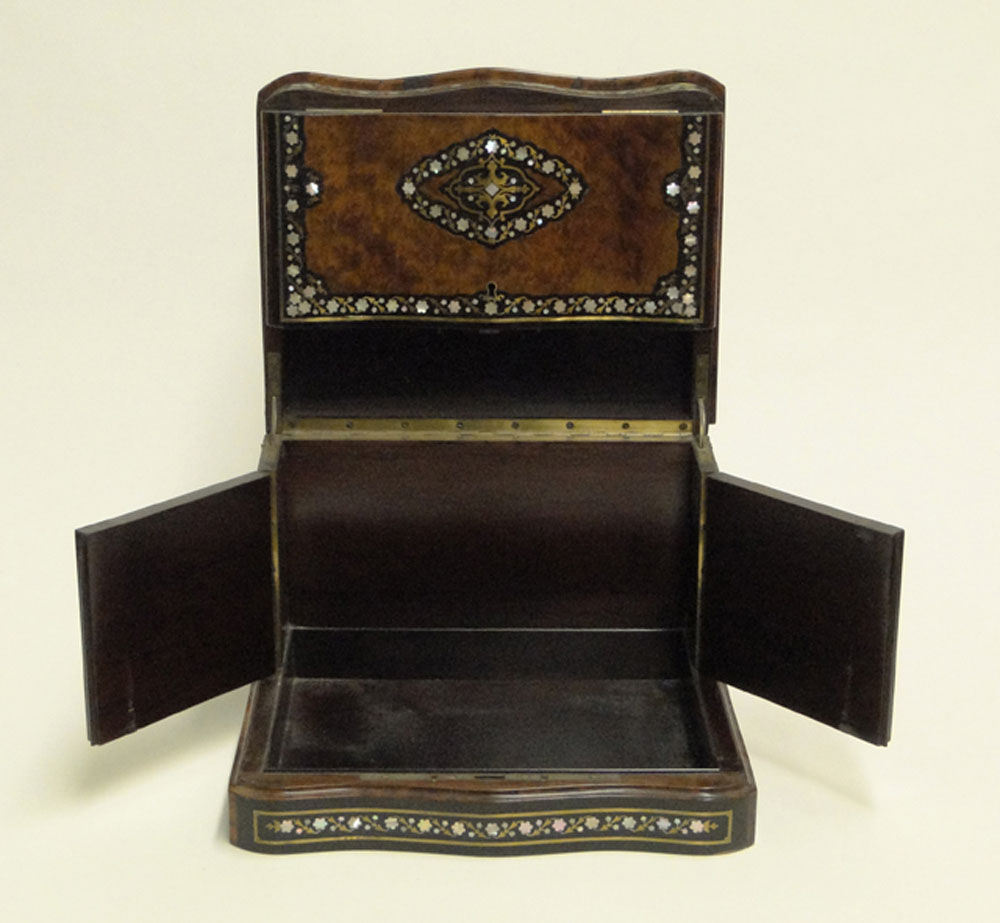 19th Century Burlwood Tantalus Box with Mother of Pearl and Brass Inlay.