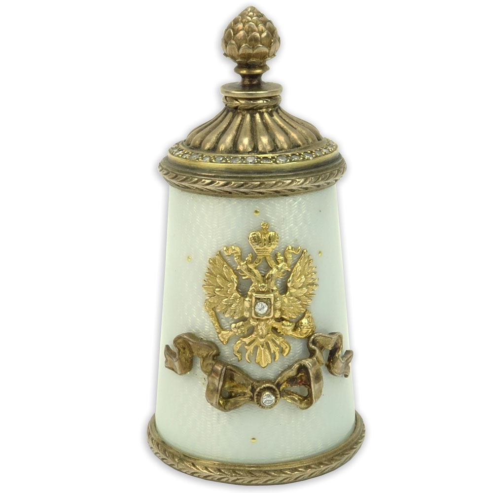 Early 20th Century Russian 88 Gilt Silver, Guilloche Enamel and Rose Cut Diamond Glue Pot. 