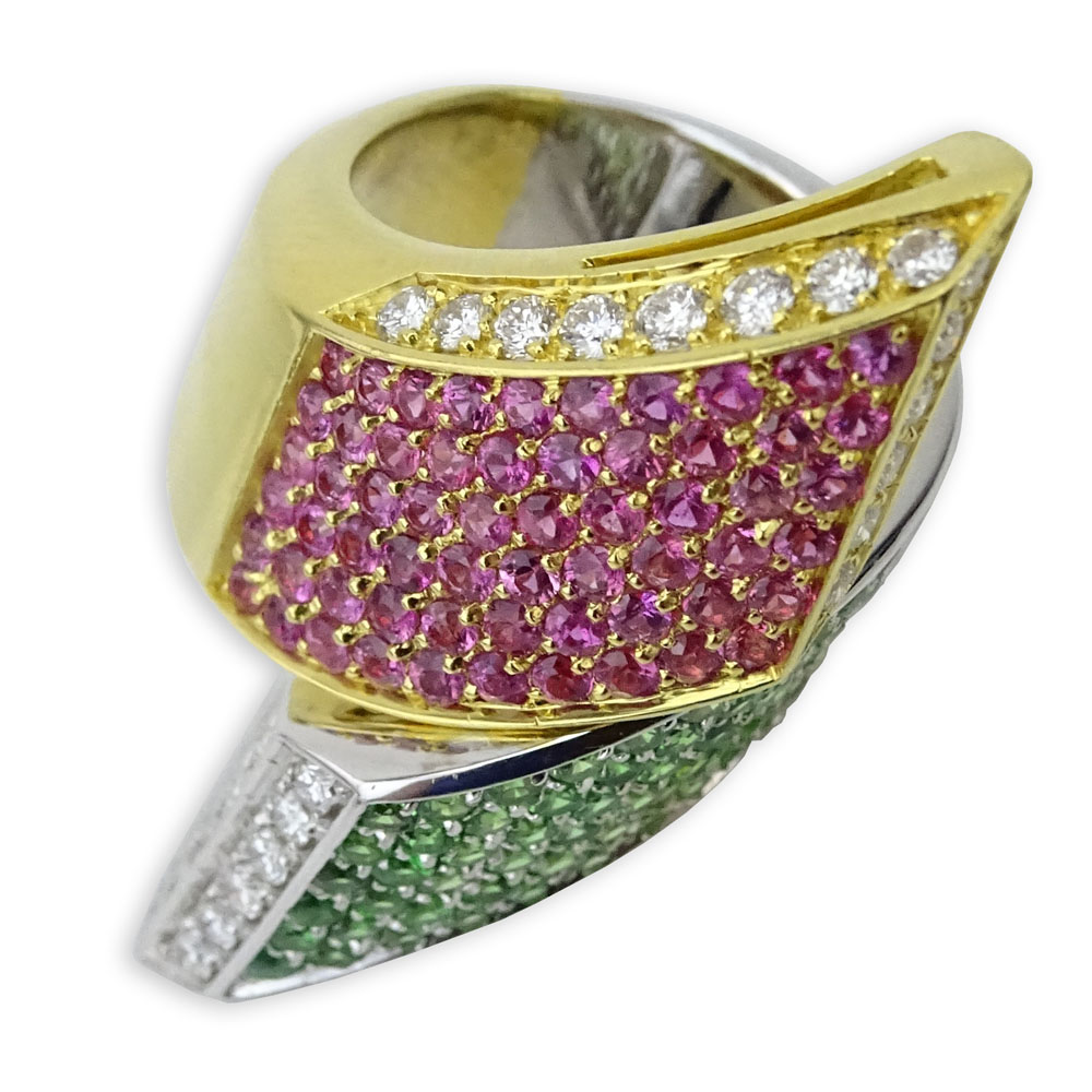 Modern Design Approx. 1.50 Carat Pave Set Diamond, Pink Sapphire, Tsavorite Garnet and 18 Karat Gold Cross Over Ring. 