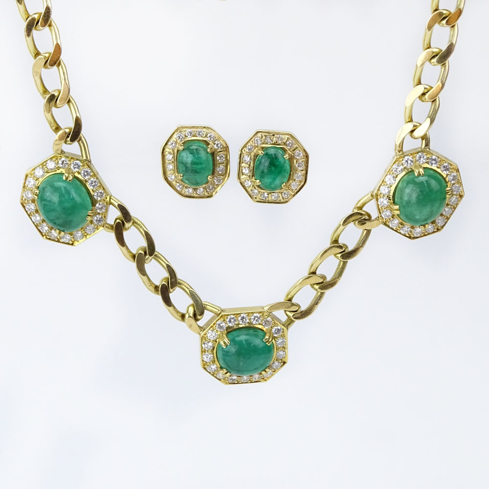 Vintage Bulgari style Cabochon Emerald, Round Brilliant Cut Diamond and 18 Karat Yellow Gold Necklace and Earring Suite. 