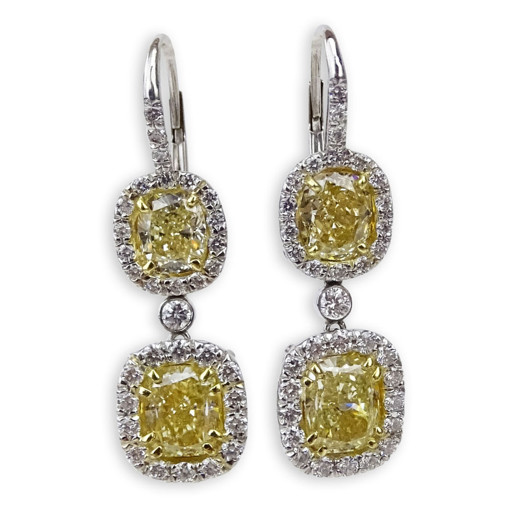 Beautiful Pair of Approx. 6.10 Carat Diamond, Platinum and 18 Karat Yellow Gold Dangle Earrings