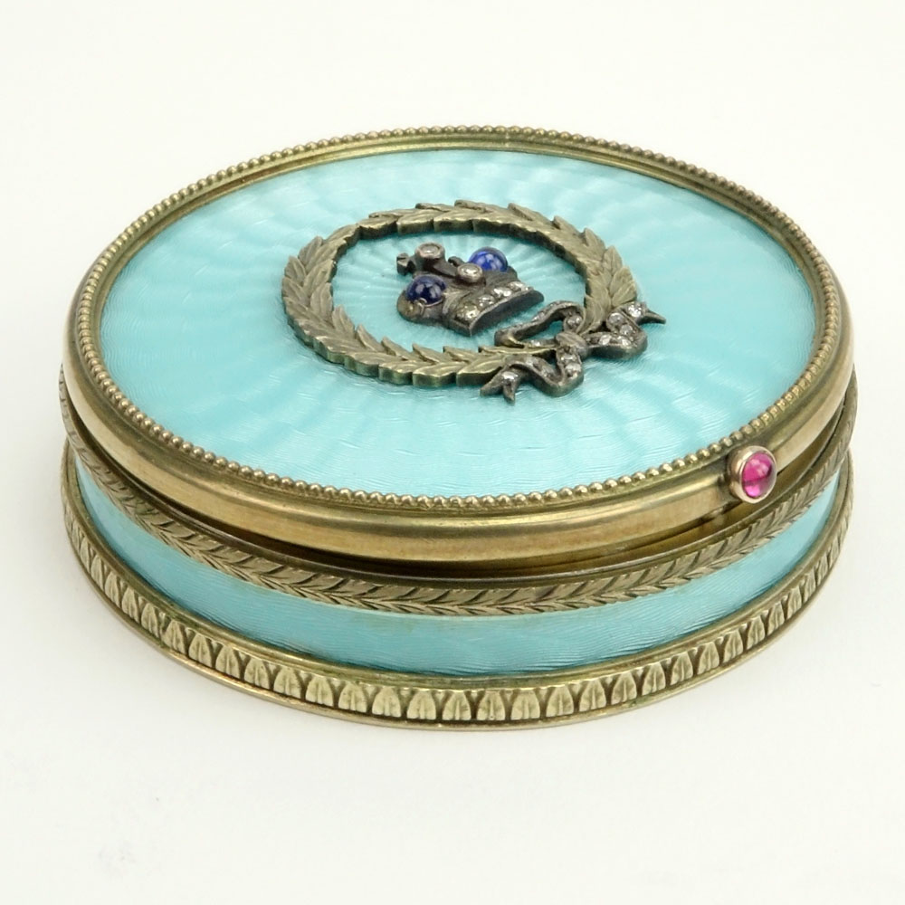 20th Century Russian 88 Silver Guilloche Enamel Snuff Box with Diamond and Sapphire Accents.