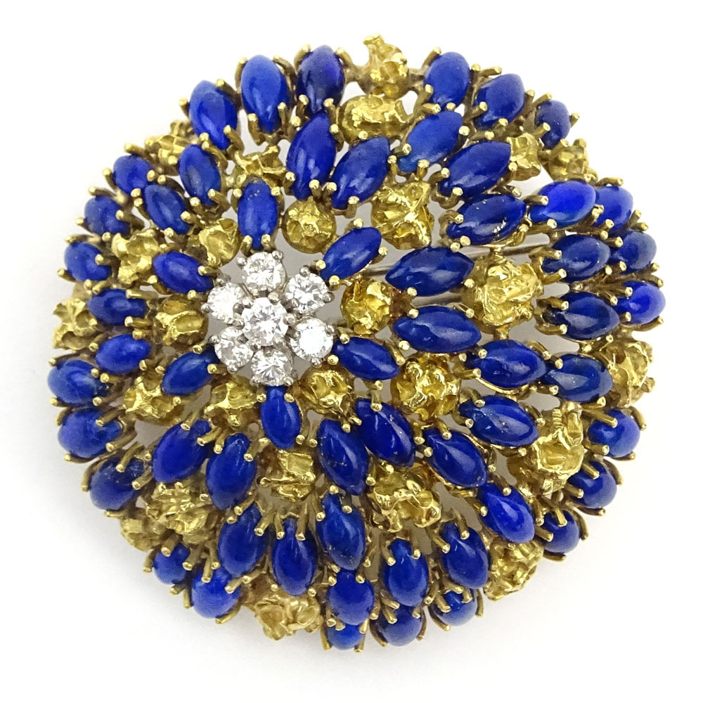 Large Vintage 18 Karat Yellow Gold, Approx. 1.0 Carat Round Brilliant Cut Diamond and Lapis Lazuli Brooch. 