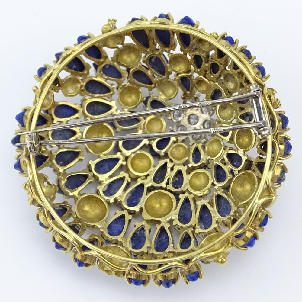 Large Vintage 18 Karat Yellow Gold, Approx. 1.0 Carat Round Brilliant Cut Diamond and Lapis Lazuli Brooch. 