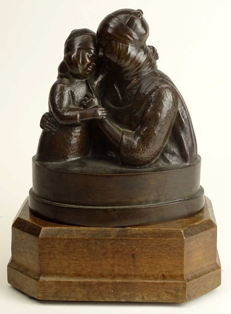 20th Century French Bronze "Mother and Child" Signed L. Pineau (Listed in Benezit) On Wood Base.