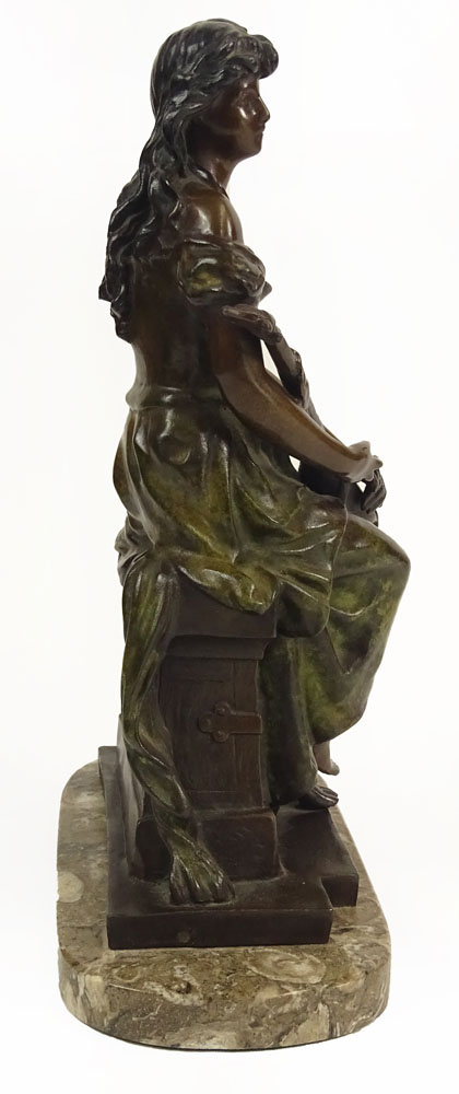 Hippolyte Francois Moreau, French (1832-1927) Bronze Sculpture "Girl With Guitar" On Marble Base. 