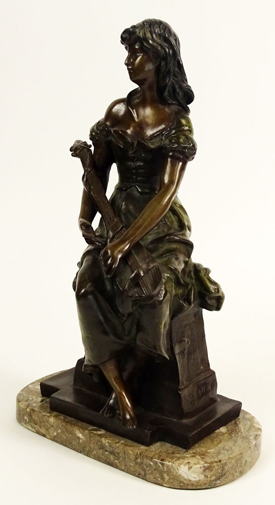 Hippolyte Francois Moreau, French (1832-1927) Bronze Sculpture "Girl With Guitar" On Marble Base. 