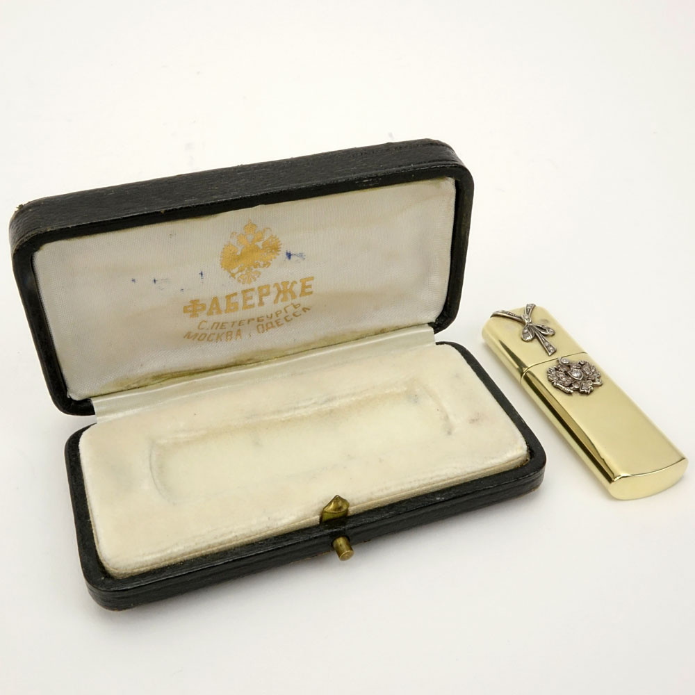 Early 20th Century Russian 56 Gold Cigarette Lighter with Small Rose Cut Diamond Accents in fitted box signed Faberge.