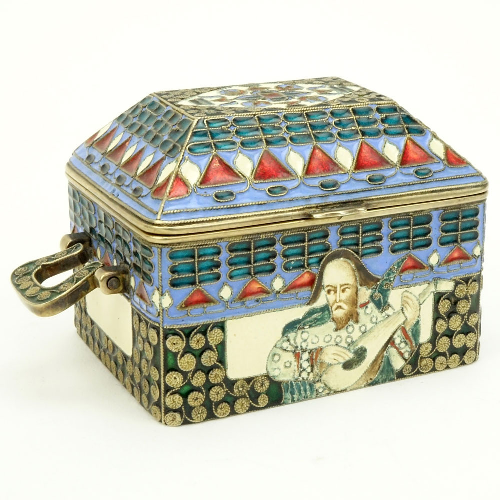 20th Century Russian Cloisonne Enamel Hinged Box. Signed Faberge, Double eagle Imperial Warrant Mark, ?? and 88 Kokoshnik.