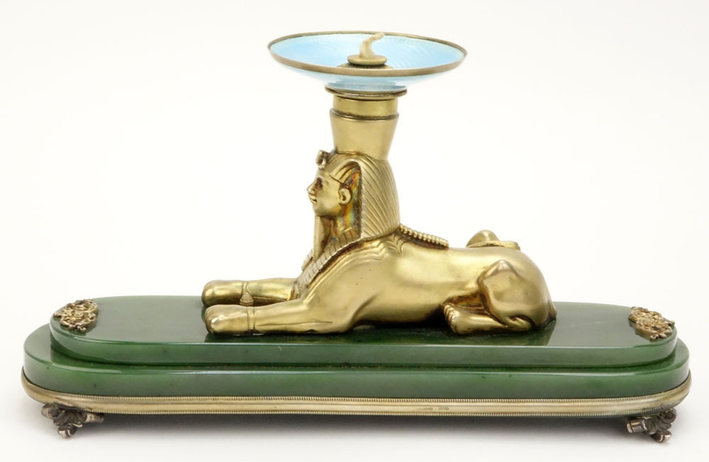 20th Century Russian Egyptian Revival Nephrite Jade, 88 Silver and Guilloche Enamel Figural Sphinx Desk Lighter. 