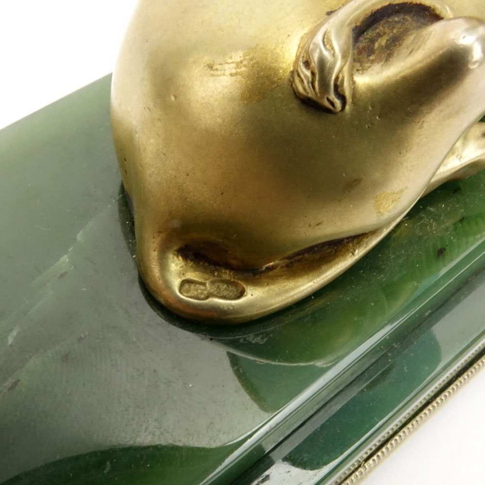 20th Century Russian Egyptian Revival Nephrite Jade, 88 Silver and Guilloche Enamel Figural Sphinx Desk Lighter. 