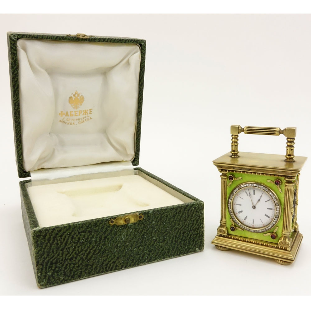 Early 20th Century Russian 88 Silver and Guilloche Enamel Miniature Carriage Clock with Rose Cut Diamond and Gem Stone accents