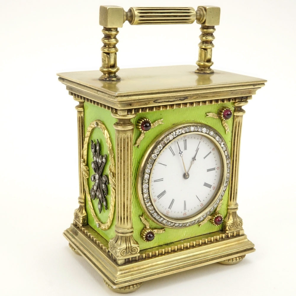 Early 20th Century Russian 88 Silver and Guilloche Enamel Miniature Carriage Clock with Rose Cut Diamond and Gem Stone accents