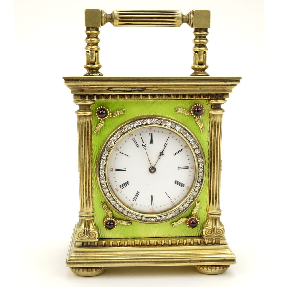 Early 20th Century Russian 88 Silver and Guilloche Enamel Miniature Carriage Clock with Rose Cut Diamond and Gem Stone accents