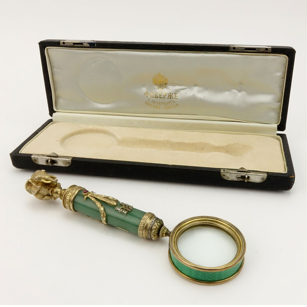 Early 20th Century Russian Gilt 88 Silver Mounted Nephrite Jade and Guilloche Enamel Magnifying Glass with Elephant Finial and with European and Rose Cut Diamond Accents