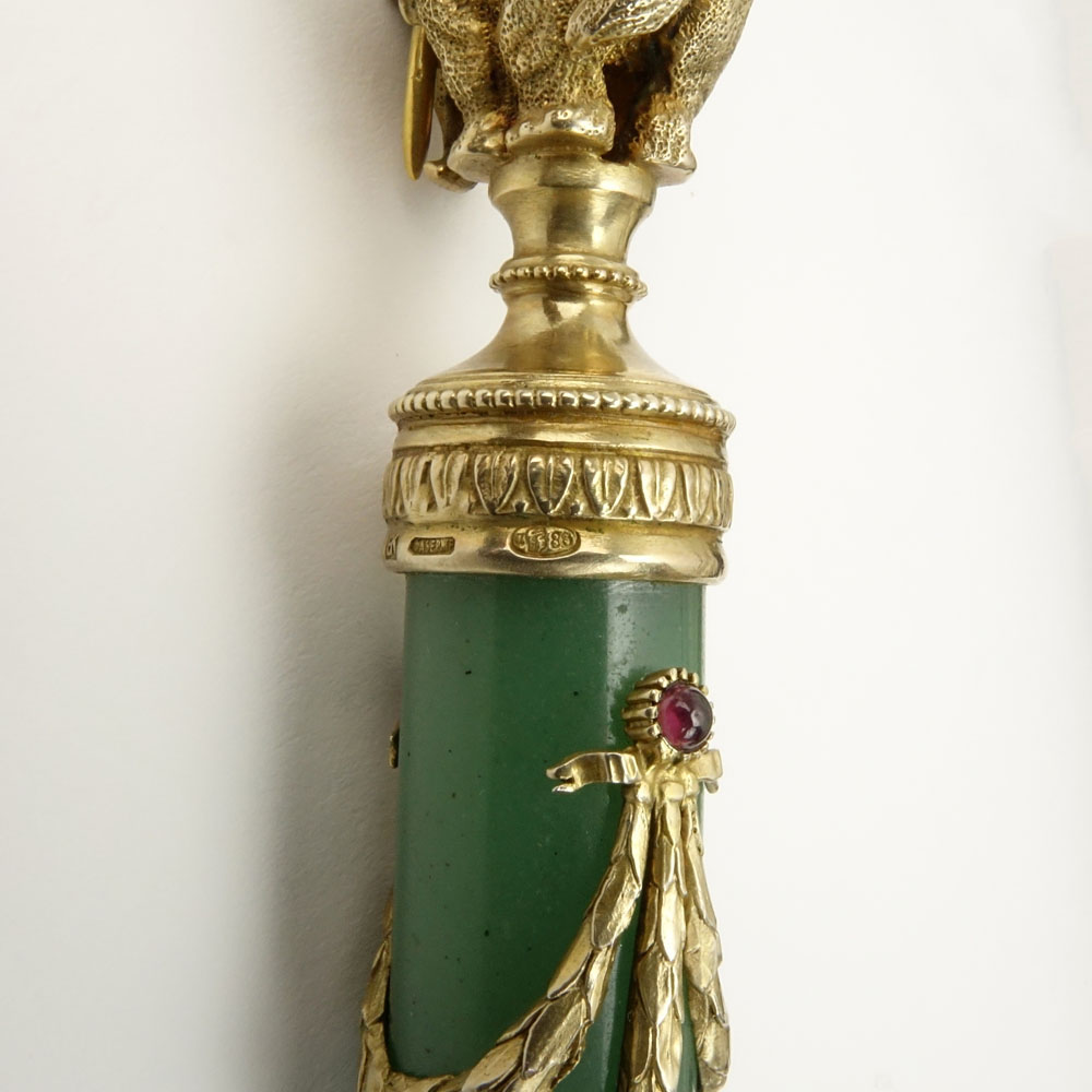 Early 20th Century Russian Gilt 88 Silver Mounted Nephrite Jade and Guilloche Enamel Magnifying Glass with Elephant Finial and with European and Rose Cut Diamond Accents