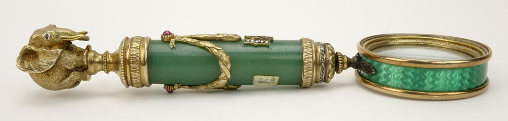 Early 20th Century Russian Gilt 88 Silver Mounted Nephrite Jade and Guilloche Enamel Magnifying Glass with Elephant Finial and with European and Rose Cut Diamond Accents