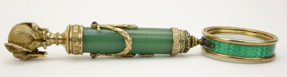 Early 20th Century Russian Gilt 88 Silver Mounted Nephrite Jade and Guilloche Enamel Magnifying Glass with Elephant Finial and with European and Rose Cut Diamond Accents