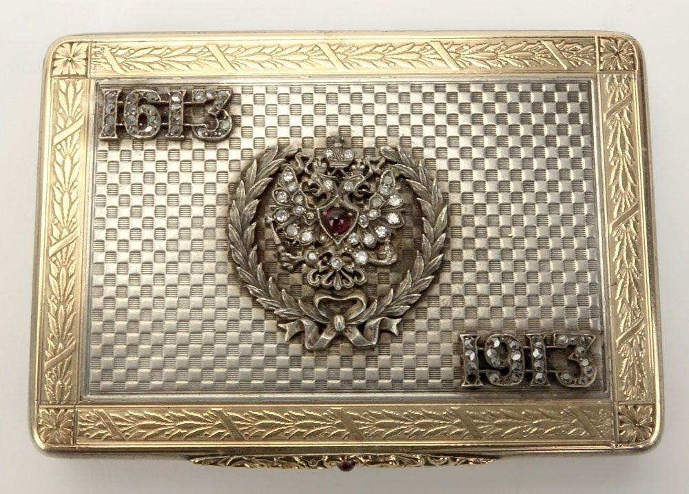 Early 20th Century Russian Silver and 56 Gold Box with Rose Cut Diamond and Gem Stone Accents and Fitted Case Signed Faberge.