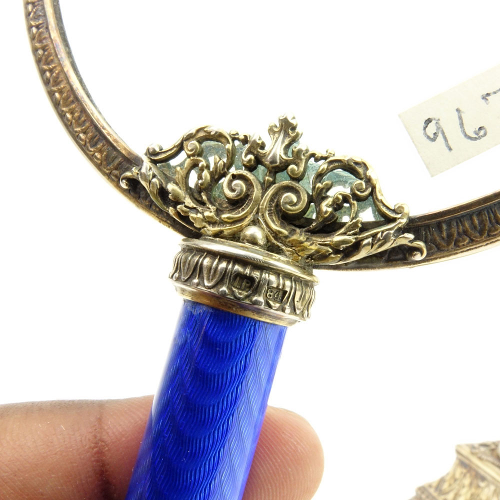 Early 20th Century Russian 84 Silver and Guilloche Enamel Magnifying Glass.