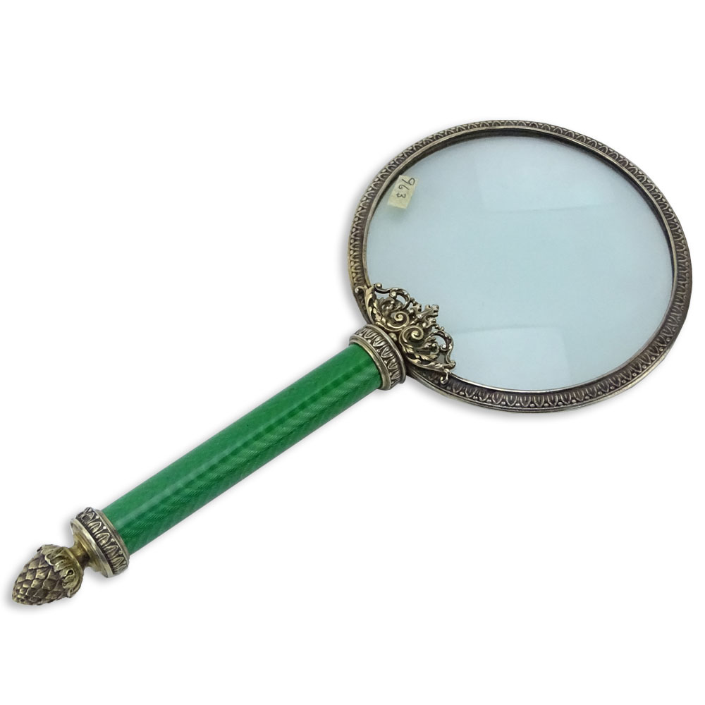 Early 20th Century Russian 84 Silver and Guilloche Enamel Magnifying Glass.