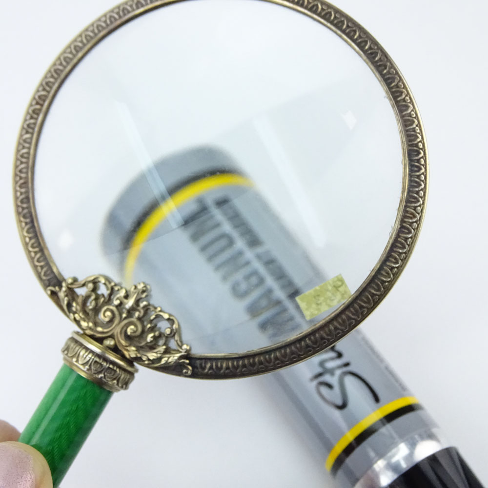 Early 20th Century Russian 84 Silver and Guilloche Enamel Magnifying Glass.