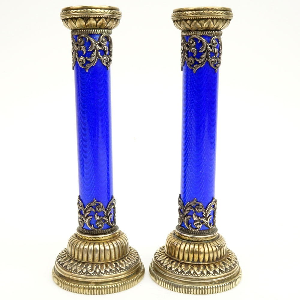 Pair of Early 20th Century Russian 88 Silver and Guilloche Enamel Candlesticks in later fitted box signed Faberge.