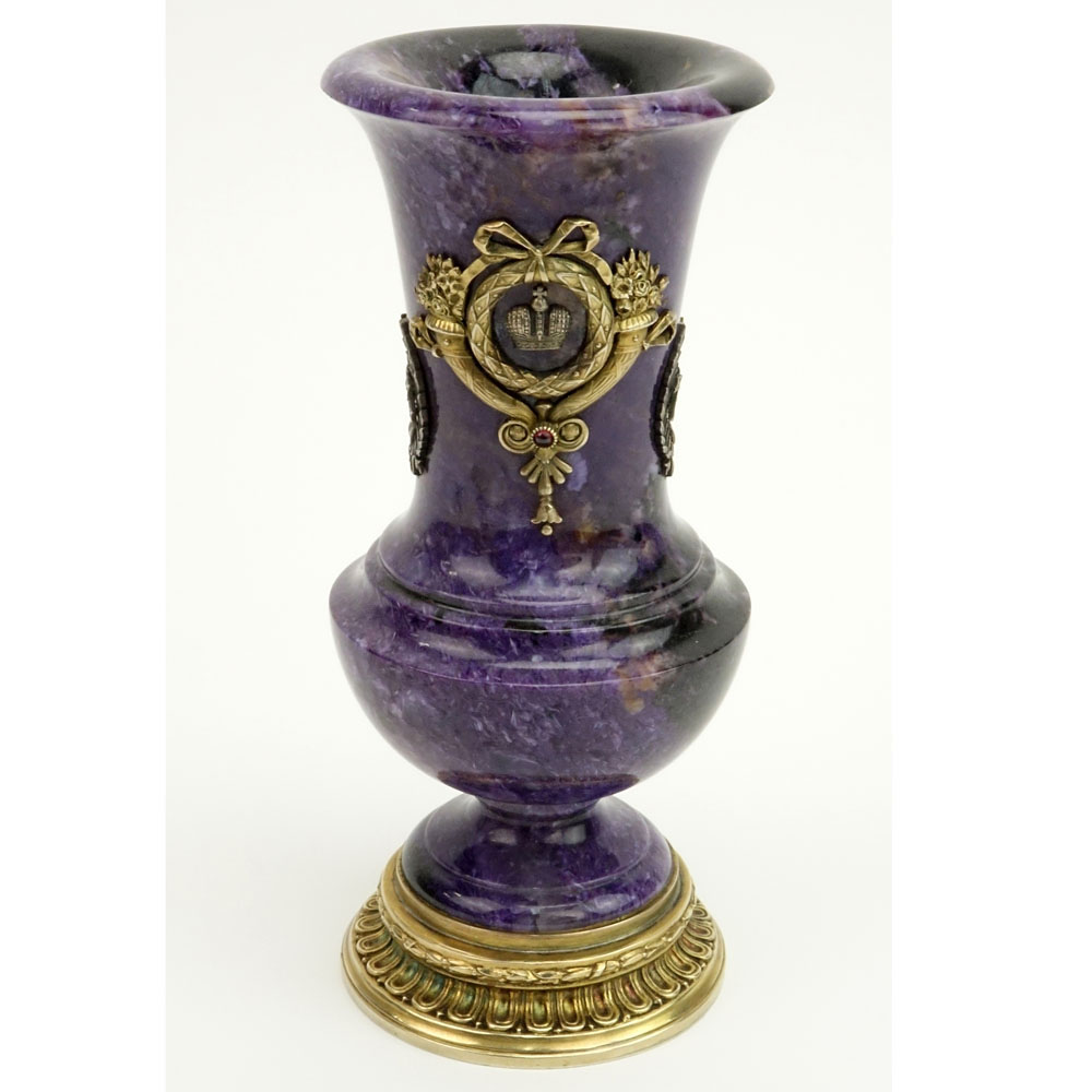 Early 20th Century Russian 88 Silver Mounted Carved Amethyst Urn with Rose Cut Diamond and Gemstone Accents.