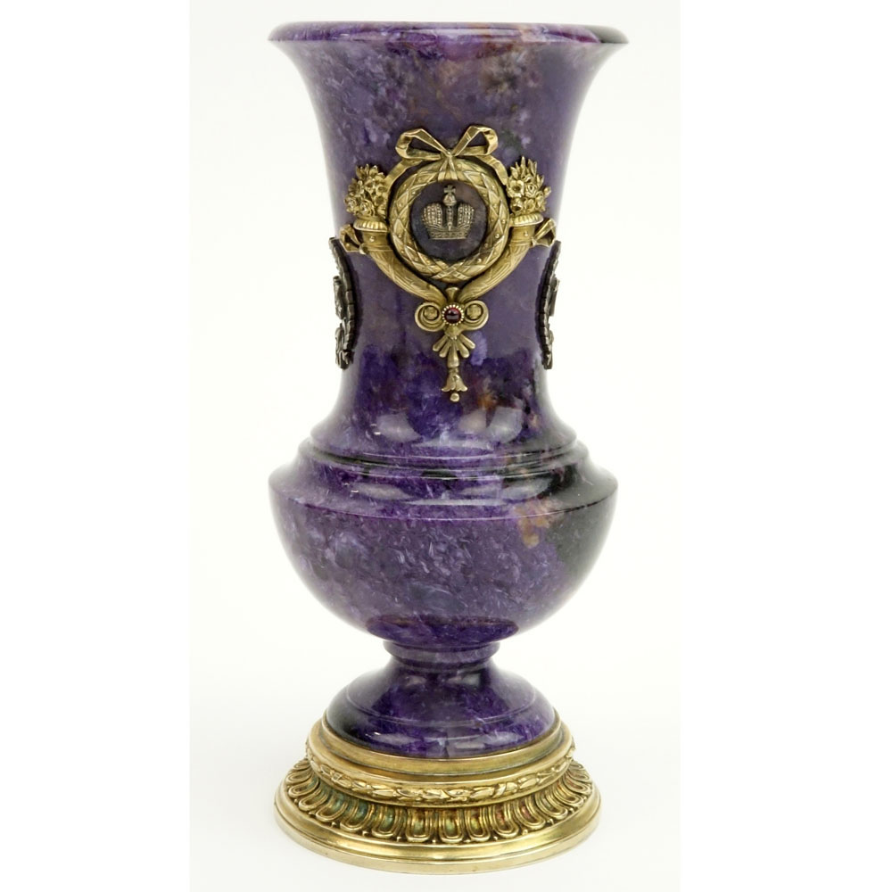 Early 20th Century Russian 88 Silver Mounted Carved Amethyst Urn with Rose Cut Diamond and Gemstone Accents.