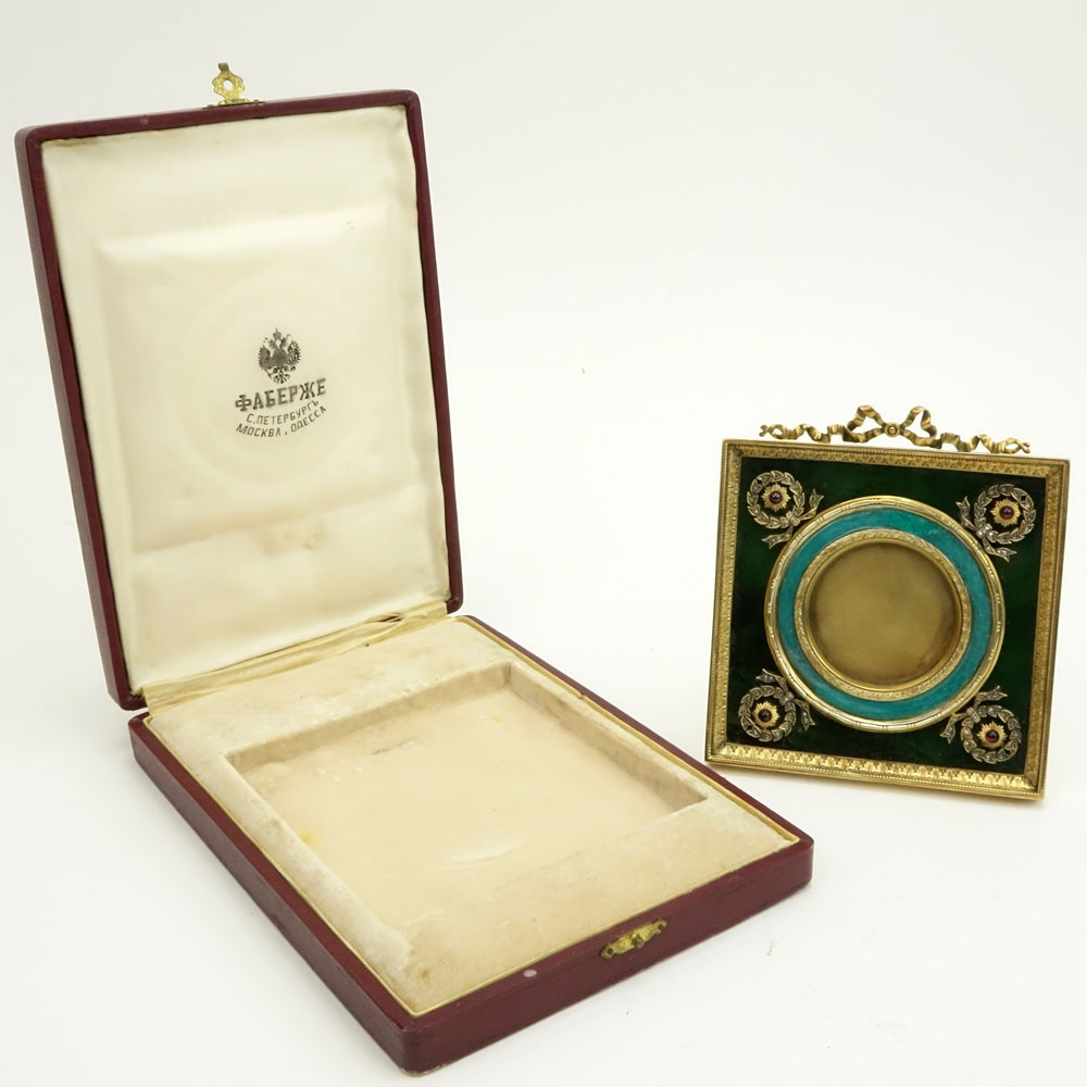 Early 20th Century Russian Nephrite Jade, Guilloche Enamel and 88 Silver Picture Frame with Rose Cut Diamond and Gem Stone accents in Fitted Case Signed Faberge. 