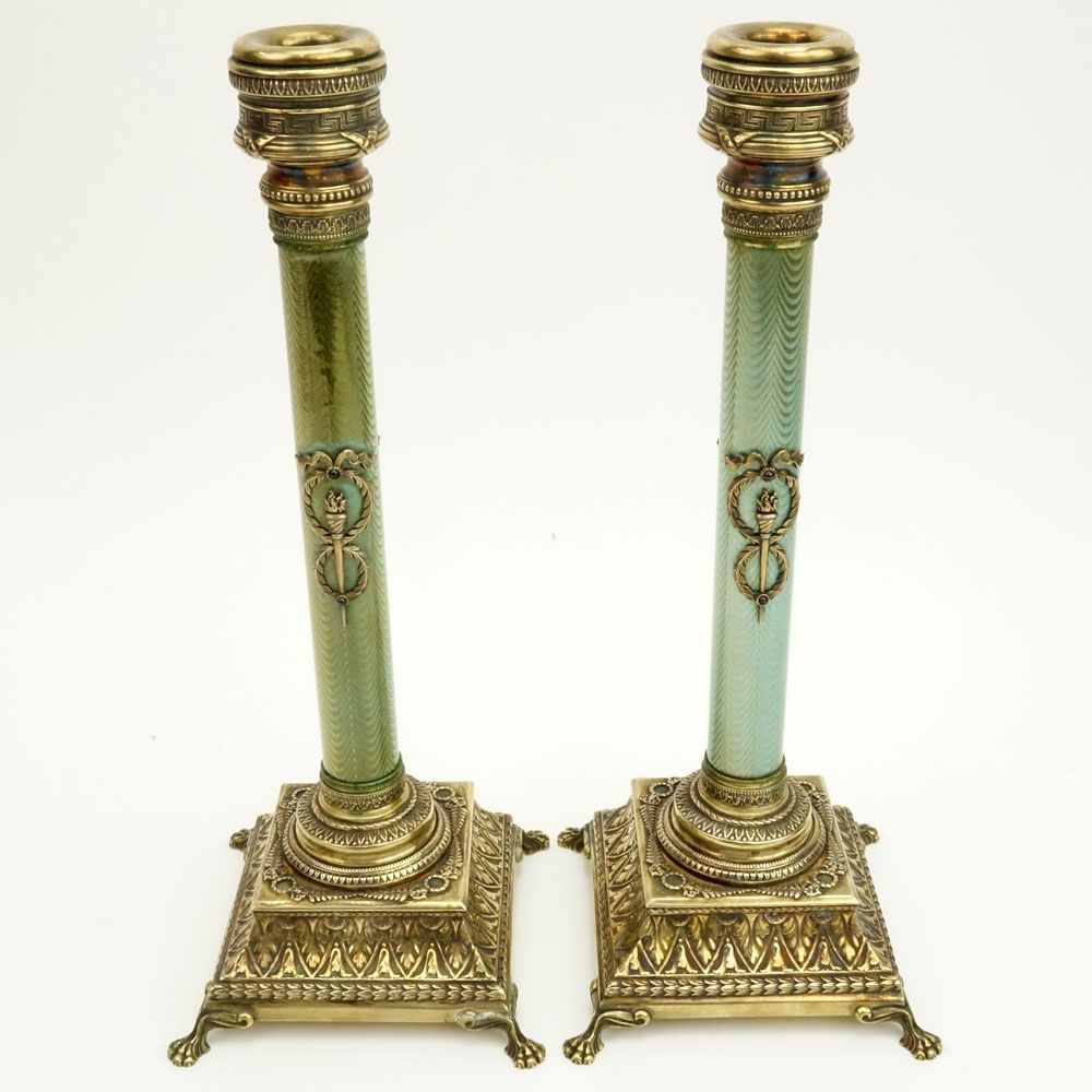 Pair of Early 20th Century Russian 84 Silver and Guilloche Enamel Candlesticks.