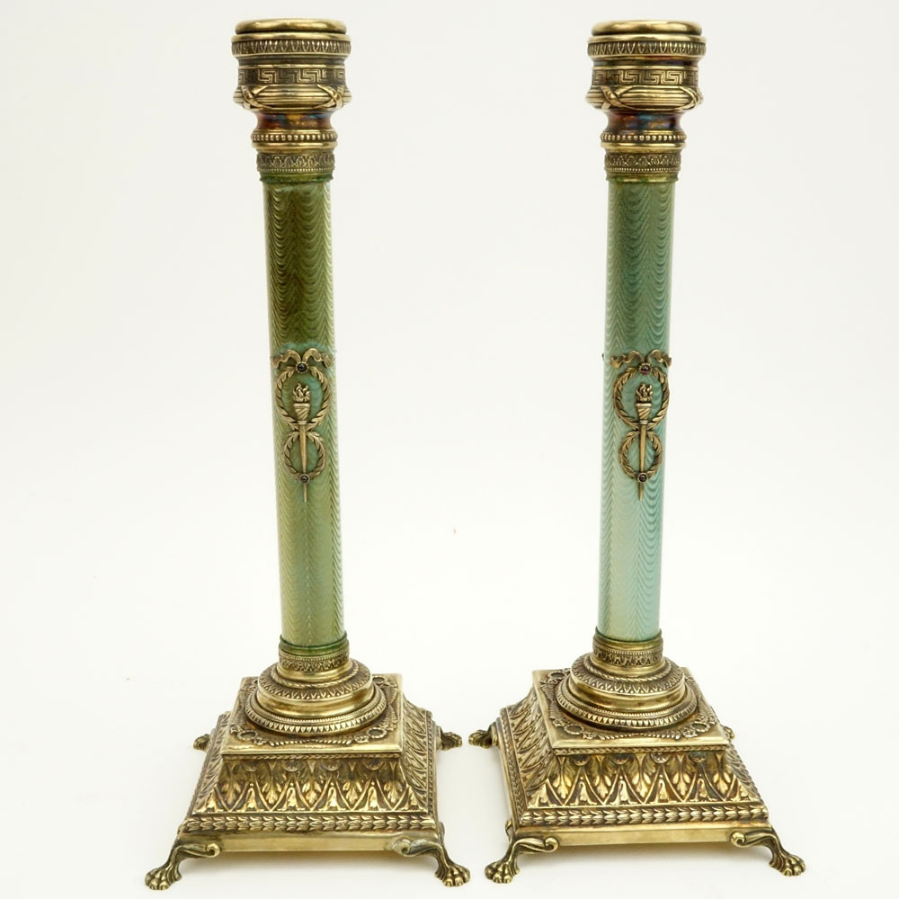 Pair of Early 20th Century Russian 84 Silver and Guilloche Enamel Candlesticks.