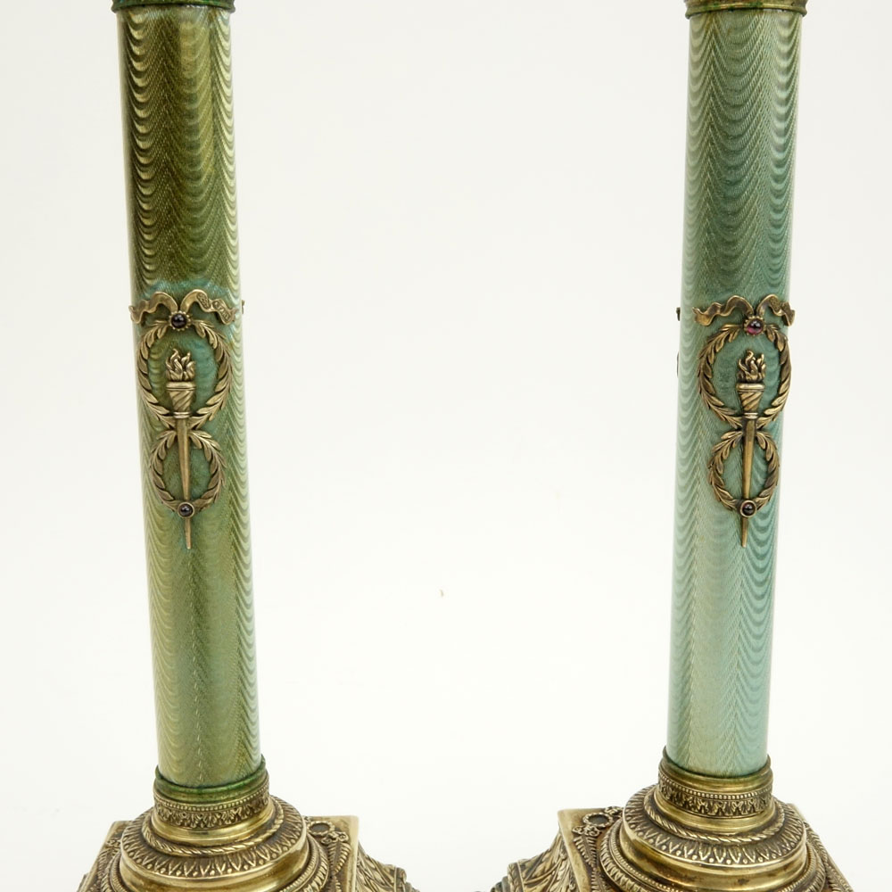 Pair of Early 20th Century Russian 84 Silver and Guilloche Enamel Candlesticks.