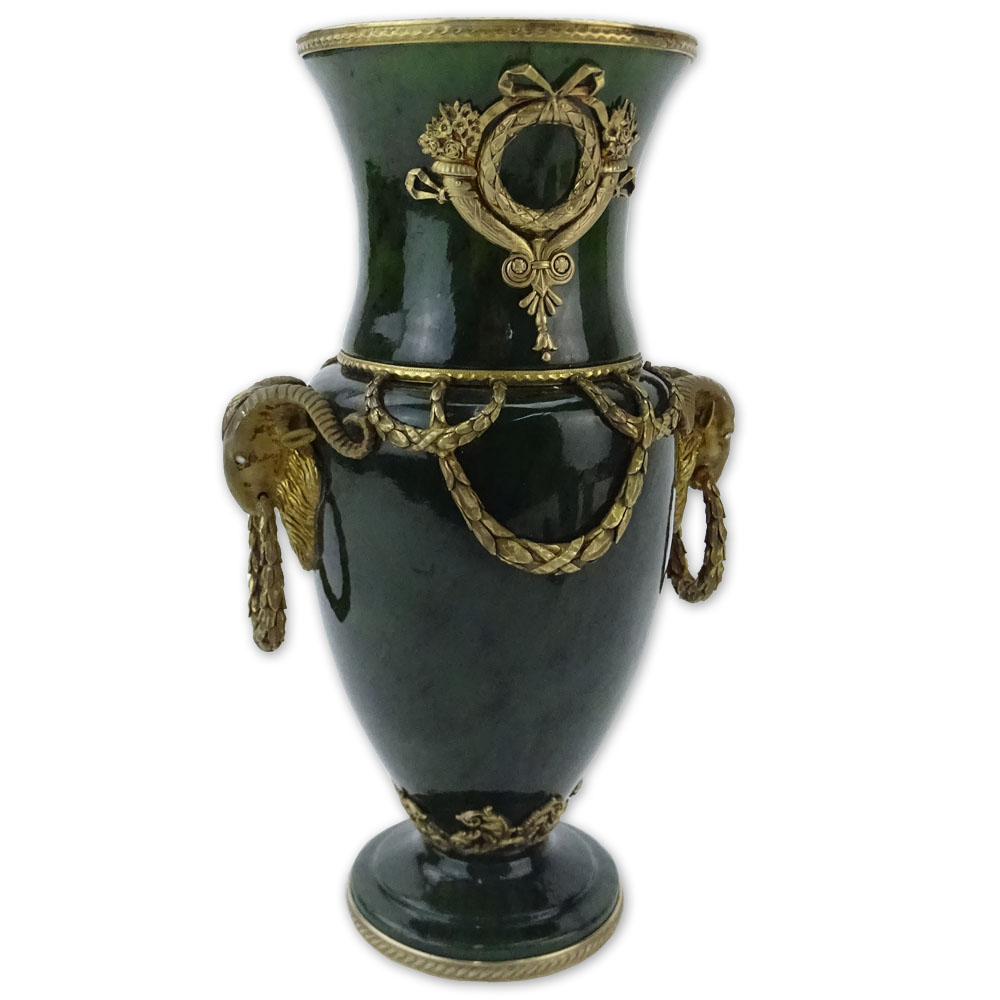 20th Century Russian Gilt Silver Mounted Nephrite Jade Vase with Ram's Head Ring Handles.