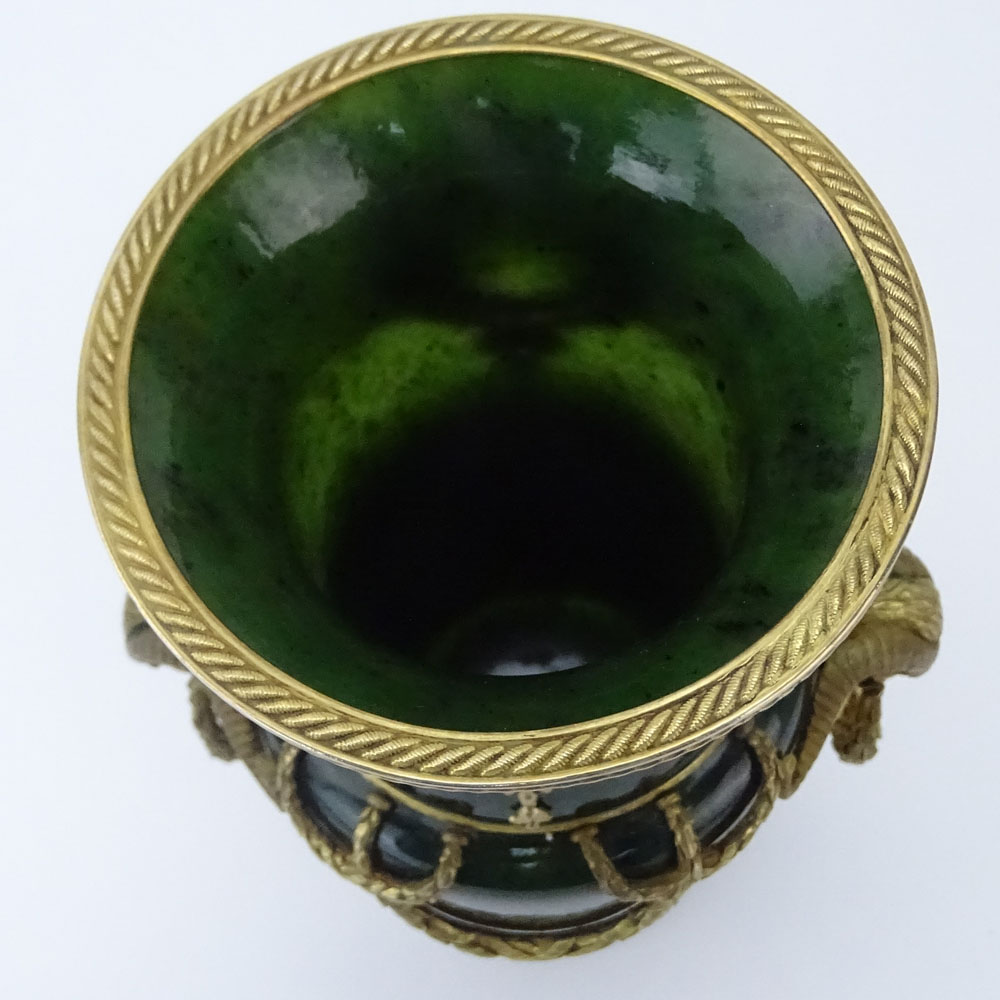 20th Century Russian Gilt Silver Mounted Nephrite Jade Vase with Ram's Head Ring Handles.