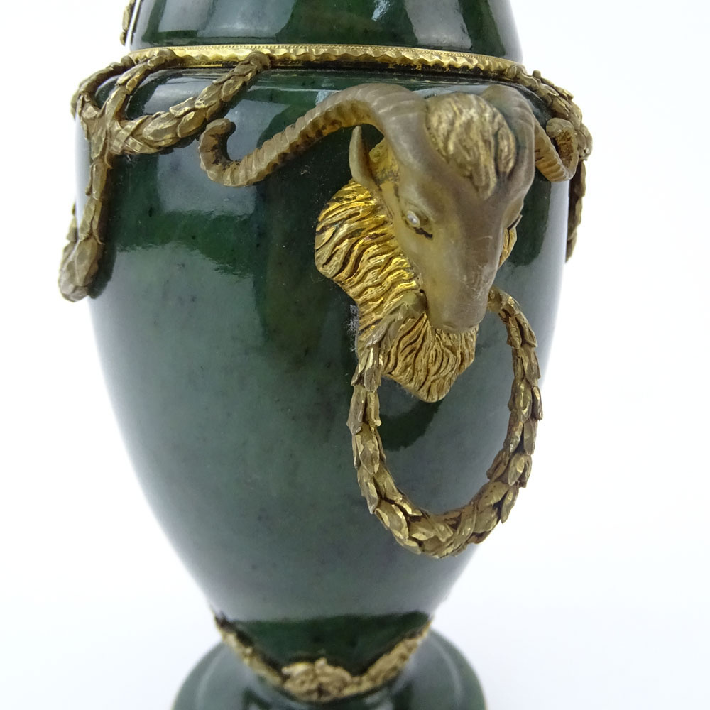 20th Century Russian Gilt Silver Mounted Nephrite Jade Vase with Ram's Head Ring Handles.