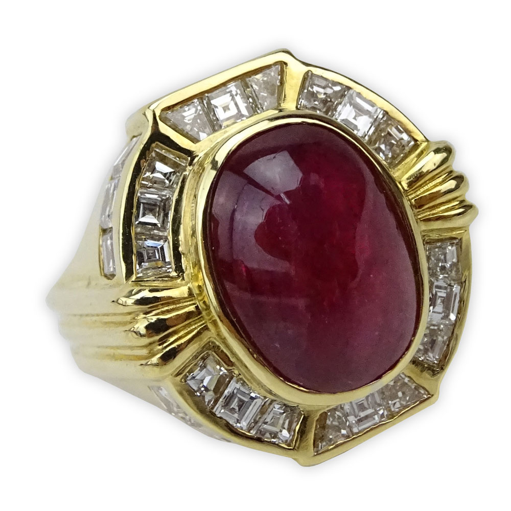 GRS Certified 10.11 Carat Oval Cabochon Cut Ruby, 5.0 Carat Square Cut Diamond and 18 Karat Yellow Gold Ring. 